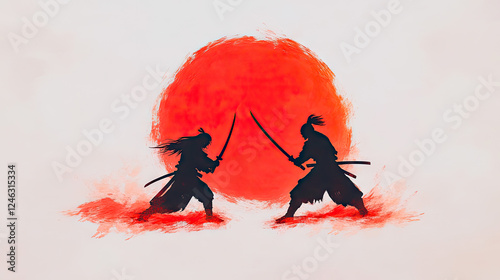 Two Samurai in Epic Sword Duel Against a Dramatic Red Sun