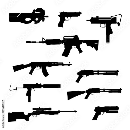 Tactical Modern Military Army Firearms Guns - Black Silhouette Icons