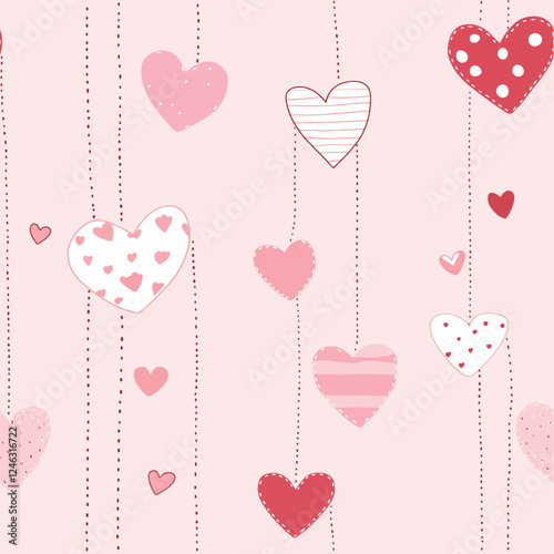 Romantic Seamless Pattern with Pink and Red Hearts, Heart Strings, Valentine's Day Background, Wedding, Love, Minimalistic Festive Design	