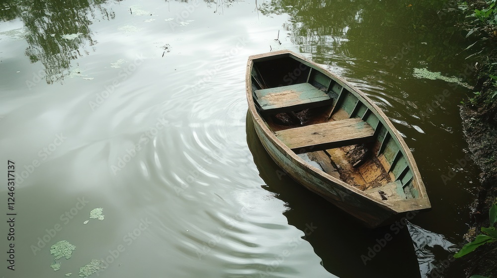 Rustic wooden rowboat resting on a calm lake under a cloudy sky Rustic wooden rowboat resting on a calm lake under a cloudy sky