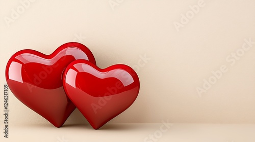 Two Glossy Red Hearts on Beige Background