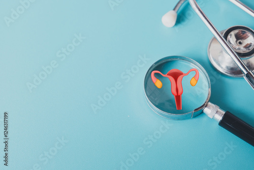 Women's Reproductive Health,Women's Health, Hormonal Imbalance,PCOS,PCOS Diagnosis concept.,Magnifying Glass Focusing on PCOS Icon with Stethoscope over light blue background with copyspace.