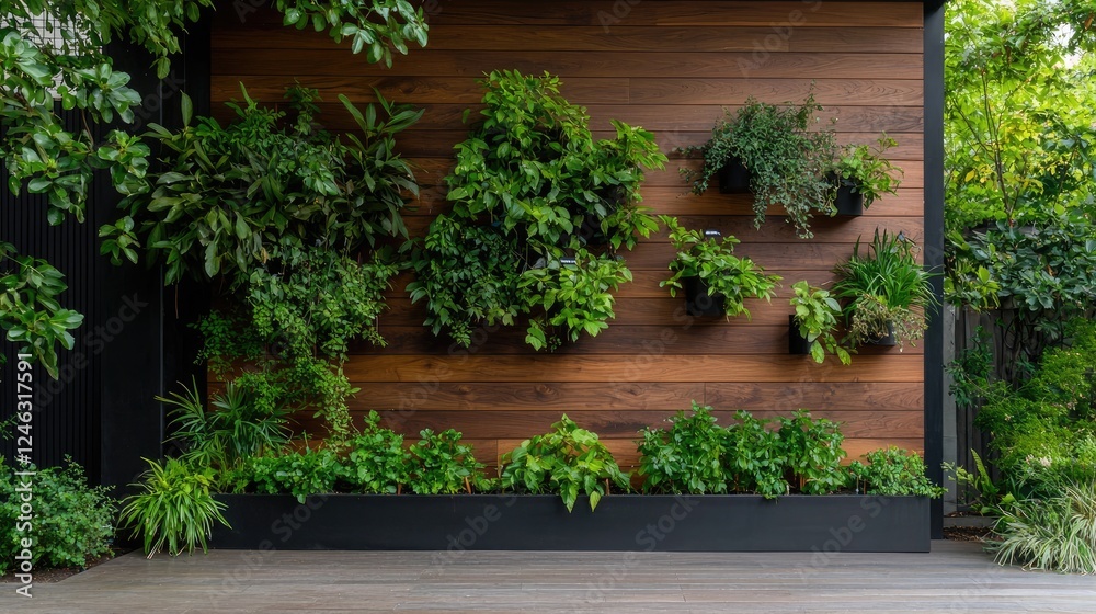 Fototapeta premium Modern outdoor vertical garden on wood wall