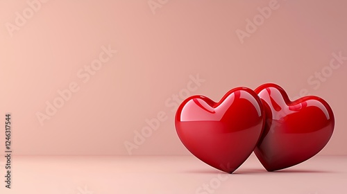 Two Glossy Red Hearts on Pink Background Romantic Illustration