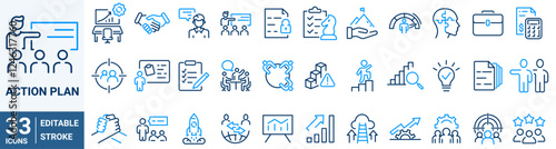 Strategy and action line icons. Containing planning, schedule, analysis, tasks, goal.