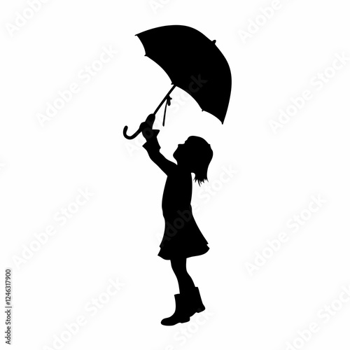 A Little Girl Standing With Umbrella Vector Black color Silhouette AI Generated Vector