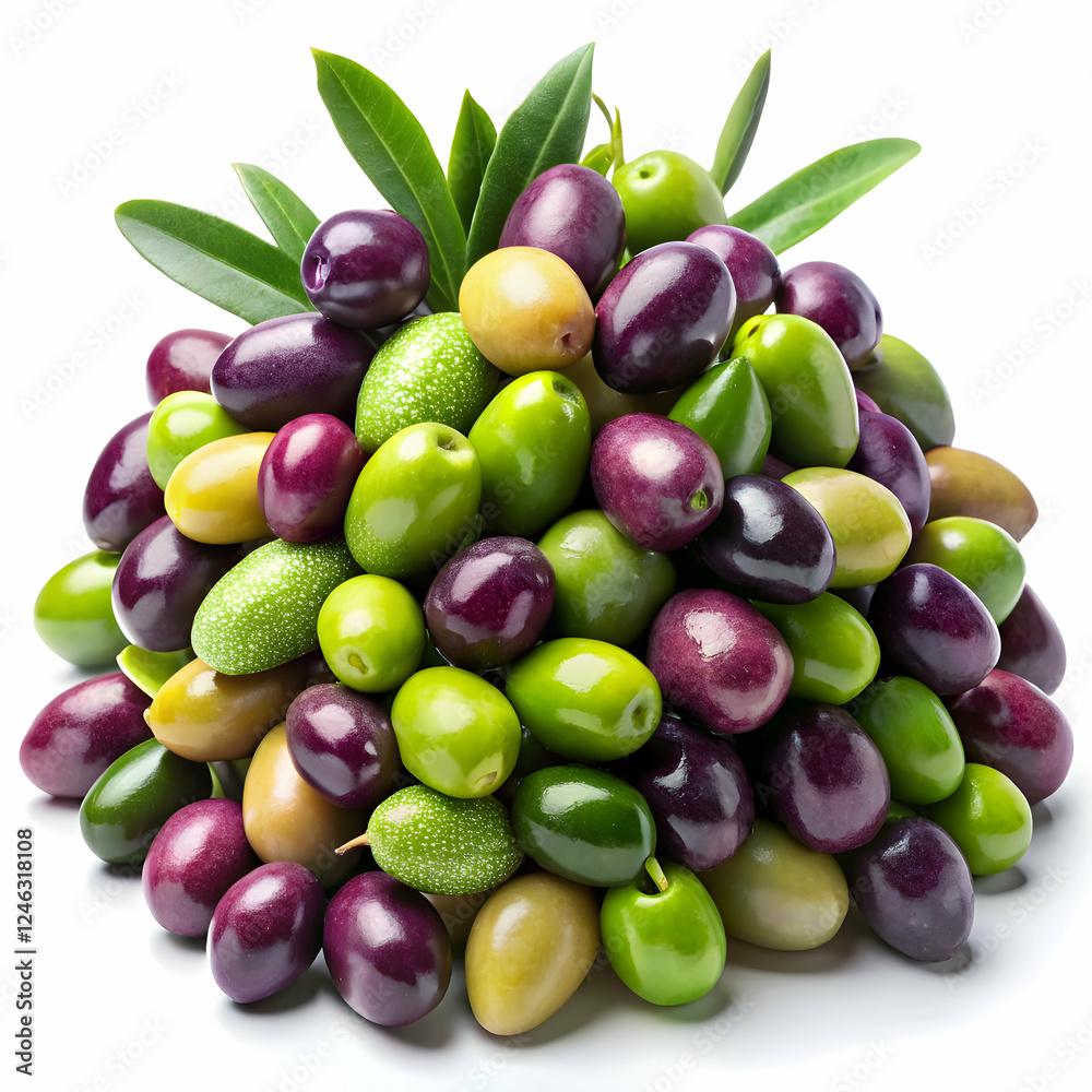 Aromatic Olive Medley: A vibrant pile of assorted olives, showcasing a spectrum of colors from deep purple to bright green, adorned with fresh olive leaves. Aromatic Olive Medley: A vibrant pile of assorted olives, showcasing a spectrum of colors from deep purple to bright green, adorned with fresh olive leaves.