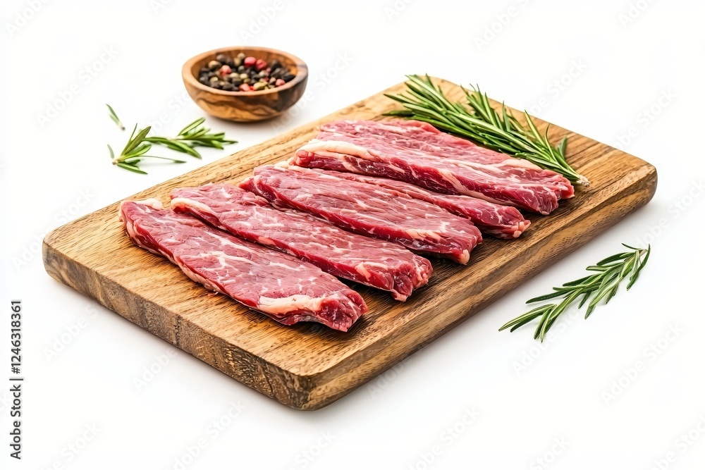 Raw beef strips on wooden board with rosemary and pepper ready for cooking preparation Raw beef strips on wooden board with rosemary and pepper ready for cooking preparation