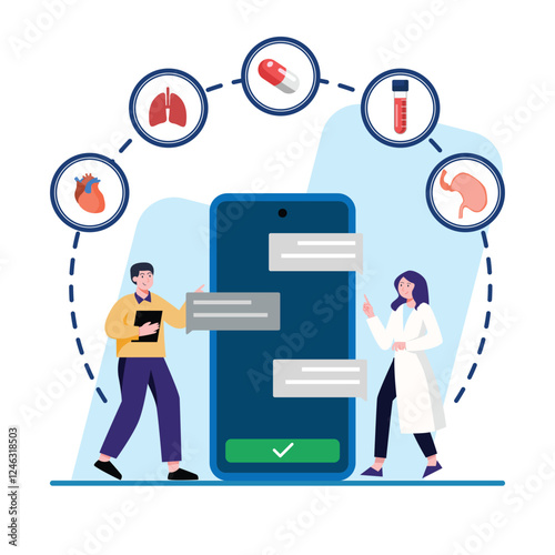 Doctor and patient chatting via mobile app about healthcare and organs. Perfect for telehealth and medical websites.