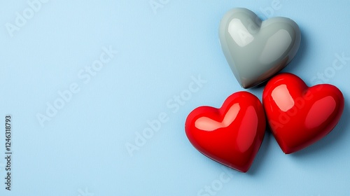 Two Red and One Grey Heart on Light Blue Background