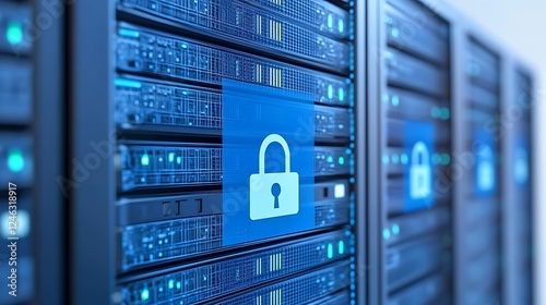 Obraz na płótnie Secure Data Storage System with Digital Lock Symbol on Server Racks Inside a Modern Data Center Environment