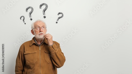 Elderly male pondering, surrounded by floating question marks, reflecting deep thought process and inner questioning about important life decision