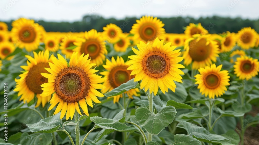 Vibrant sunflower field under a cloudy sky, showcasing nature's beauty and tranquility Vibrant sunflower field under a cloudy sky, showcasing nature's beauty and tranquility