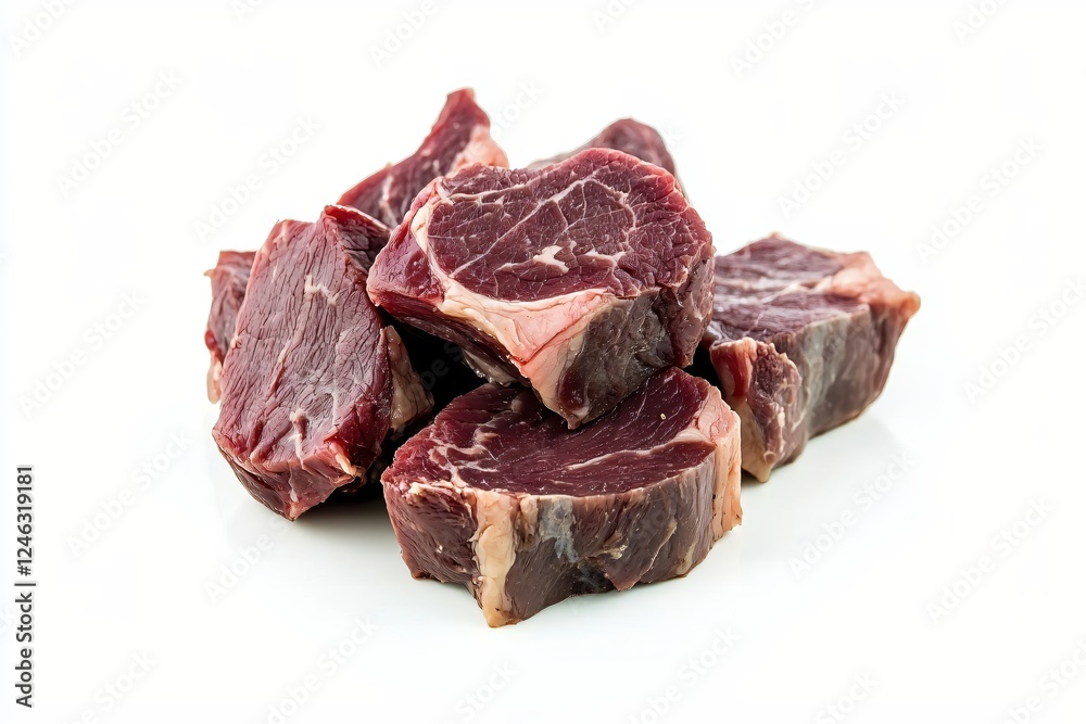 Pile of Fresh Raw Beef Cubes Ready for Cooking on a White Background in Studio Lighting Pile of Fresh Raw Beef Cubes Ready for Cooking on a White Background in Studio Lighting