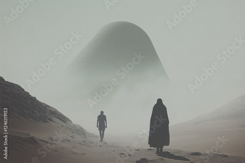 Mysterious Encounter: Two figures, cloaked and solitary, traverse a desolate, mist-shrouded landscape towards an enigmatic, looming structure. A sense of mystery and unease pervades the scene.  photo