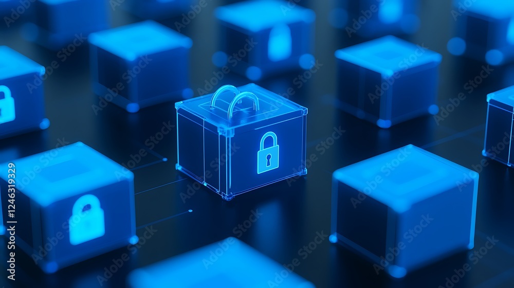 Obraz premium Secure Digital Data Boxes Representing Cybersecurity Protection and Data Encryption Concepts in Blue Color Scheme