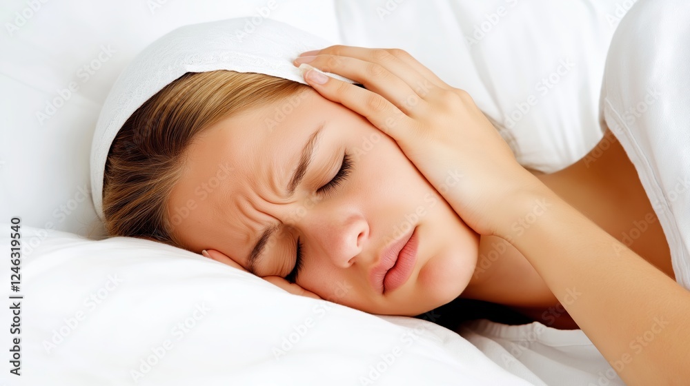 Woman suffering from painful headache while resting on white bedding, clutching head with grimace and displaying intense migraine symptoms in bedroom setting Woman suffering from painful headache while resting on white bedding, clutching head with grimace and displaying intense migraine symptoms in bedroom setting