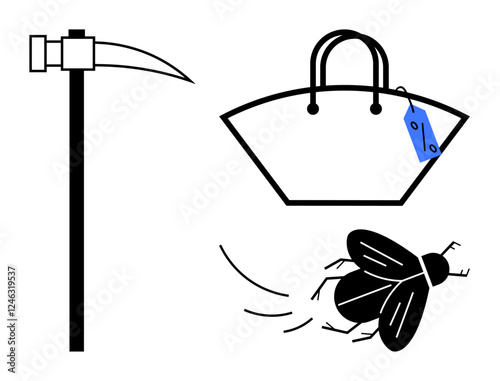 Pickaxe standing upright, handbag with a blue tag, and a flying fly. Ideal for themes of labor, fashion, pest control, nature, industry retail and contrasting ideas. Abstract line flat metaphor