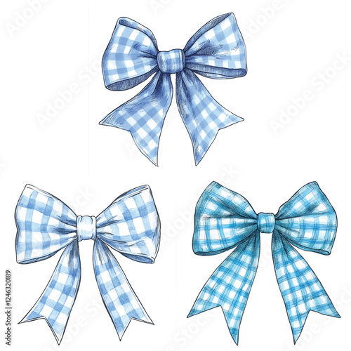 Blue Gingham Bow Set - Cute Ribbon Clipart Vector Illustration