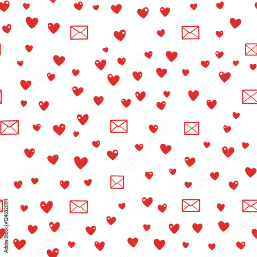 Seamless Red Hearts and Envelopes Pattern, Valentine's Day Background, Romantic Love Illustration, Wedding Theme, Minimalist Heart and Love Letter Design, Digital Wallpaper for Valentine's