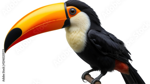 Exotic toucan bird with vibrant orange beak and black feathers perched on branch, tropical rainforest wildlife close-up