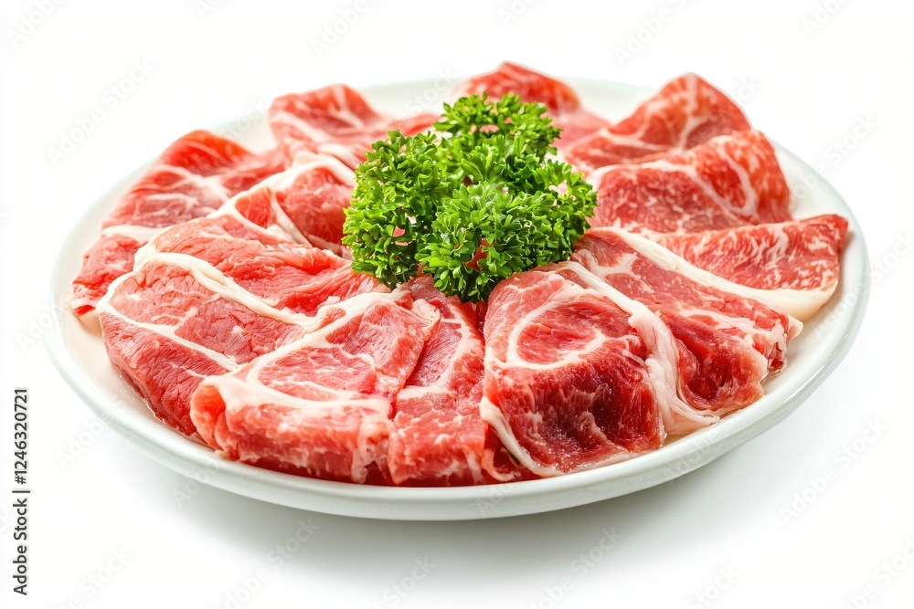 Fresh Sliced Beef on White Plate Garnished with Green Parsley Ready for Cooking Meal Fresh Sliced Beef on White Plate Garnished with Green Parsley Ready for Cooking Meal