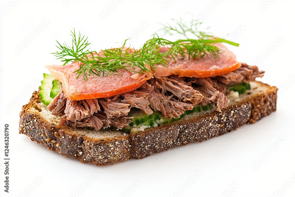 Delicious open faced sandwich with pulled meat cucumber and fresh dill on seeded bread Delicious open faced sandwich with pulled meat cucumber and fresh dill on seeded bread
