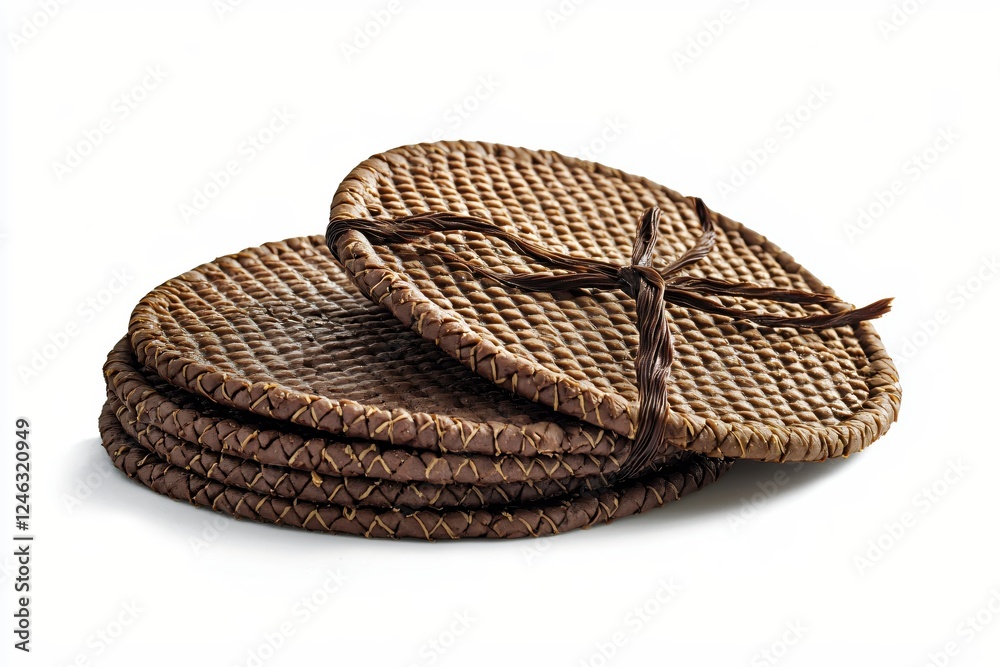 Stack of Rustic Woven Coasters Tied with Raffia on White Background for Drink Protection Stack of Rustic Woven Coasters Tied with Raffia on White Background for Drink Protection