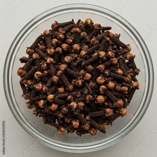Black cloves in glass bowl isolated top view