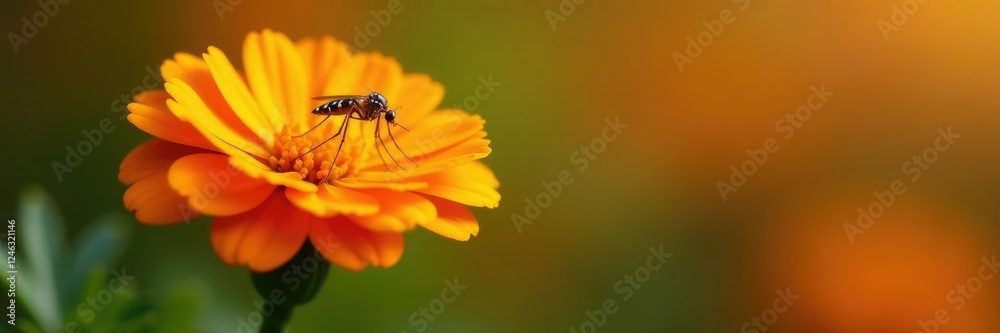 tiny mosquito hovering near bright orange marigold flower petals, bloom, colorful, insects tiny mosquito hovering near bright orange marigold flower petals, bloom, colorful, insects