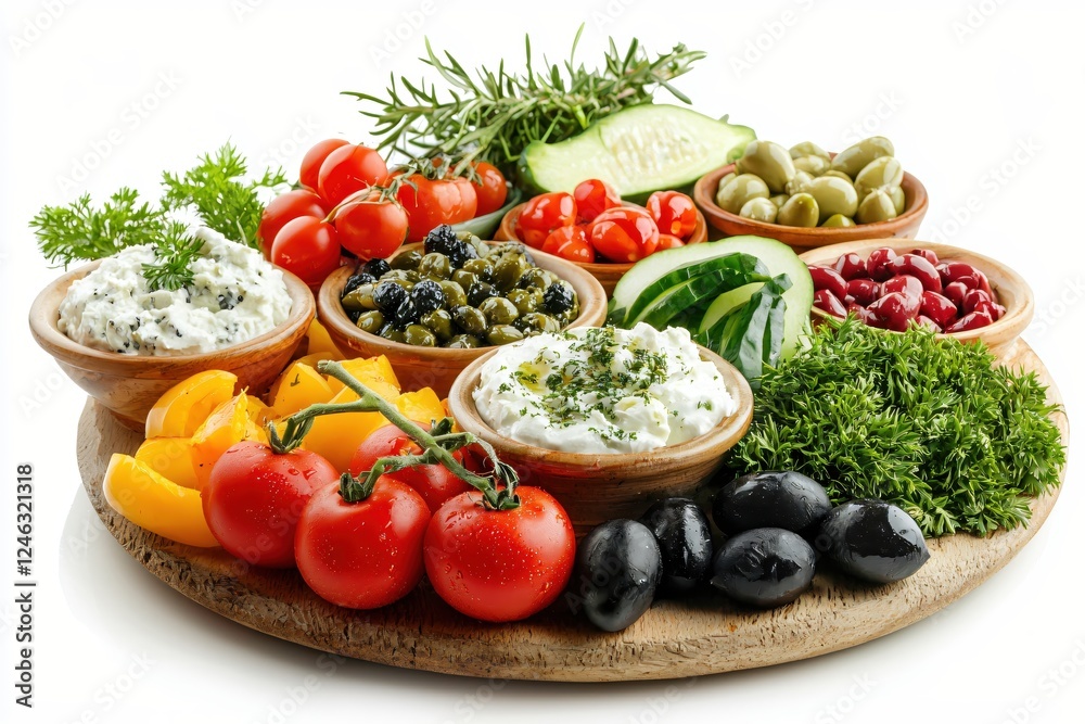 Fresh Mediterranean Antipasto Platter with Tomatoes Olives Cheese Herbs and Cucumber Slices Fresh Mediterranean Antipasto Platter with Tomatoes Olives Cheese Herbs and Cucumber Slices