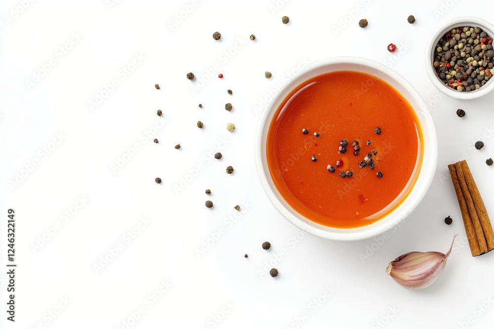 Spicy tomato soup with cinnamon garlic and pepper in bowl on white background flat lay Spicy tomato soup with cinnamon garlic and pepper in bowl on white background flat lay