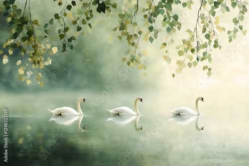 Fototapeta Naklejka Na Ścianę i Meble -   tranquil lake with swans watercolor view