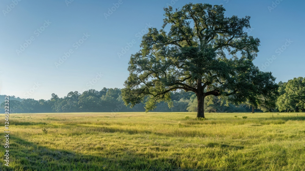 Obraz premium Majestic oak tree standing alone in a serene green meadow under a clear blue sky at sunrise