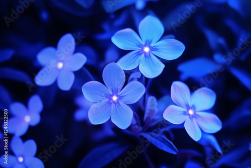 Brightly colored glowing flowers under dark background create a striking visual effect at night