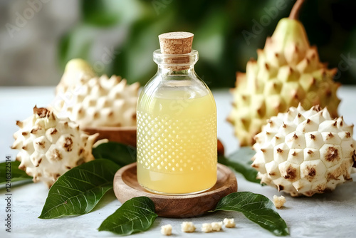 Glass bottle of soursop tincture placed on a wooden tray surrounded by fresh soursop fruits and green leaves on light background. Close-up photo