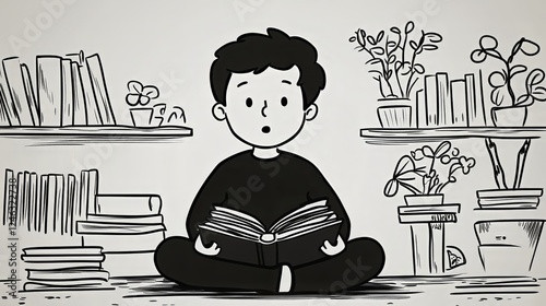 Curious boy reading book in cozy room with plants sketch