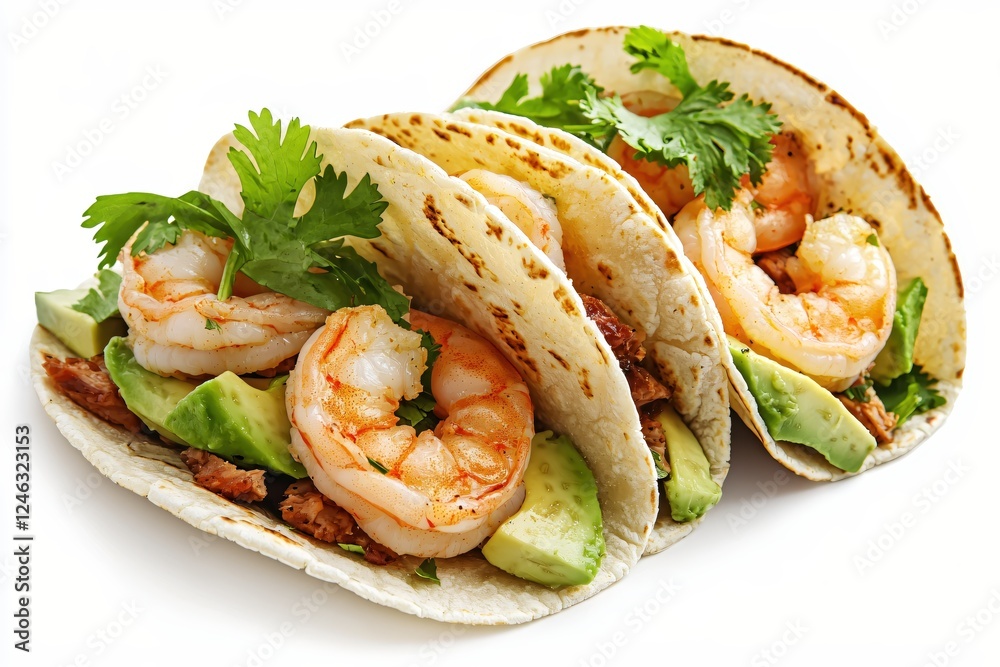 Delicious Shrimp Tacos with Avocado and Cilantro on White Background Food Photography Delicious Shrimp Tacos with Avocado and Cilantro on White Background Food Photography
