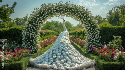 White peacock stands in flowered garden under archway. Nature scene for print, web, or creative use