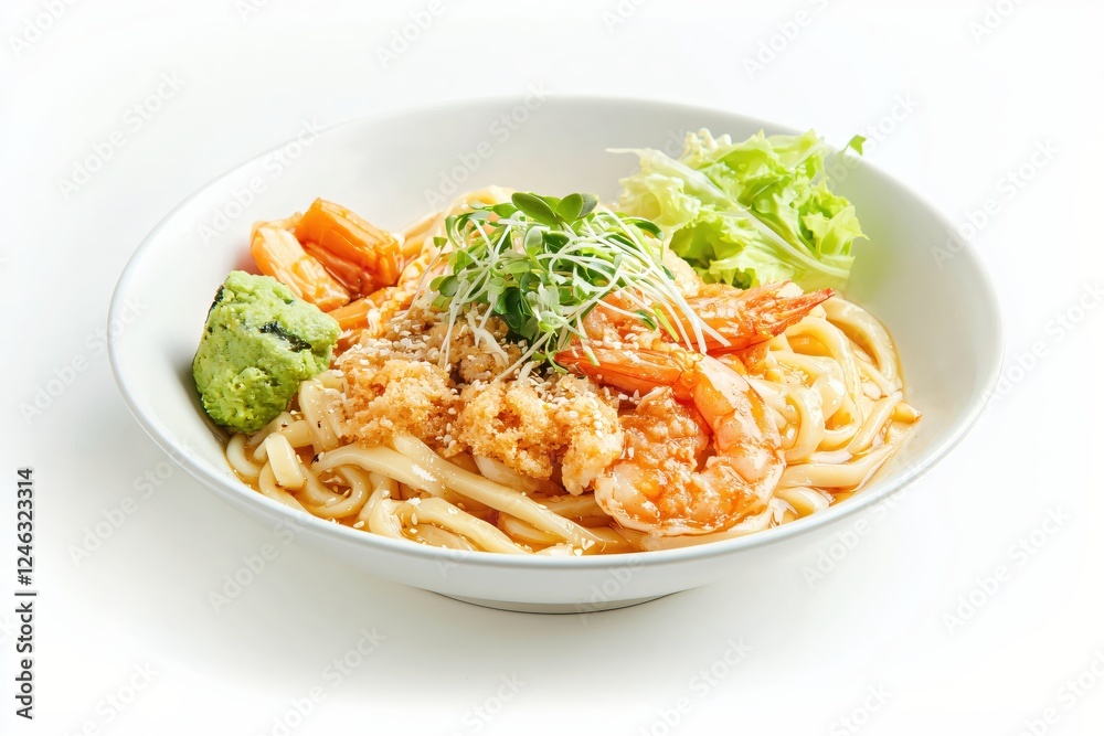 Delicious udon noodle bowl with shrimp wasabi and fresh greens on a clean white background Delicious udon noodle bowl with shrimp wasabi and fresh greens on a clean white background