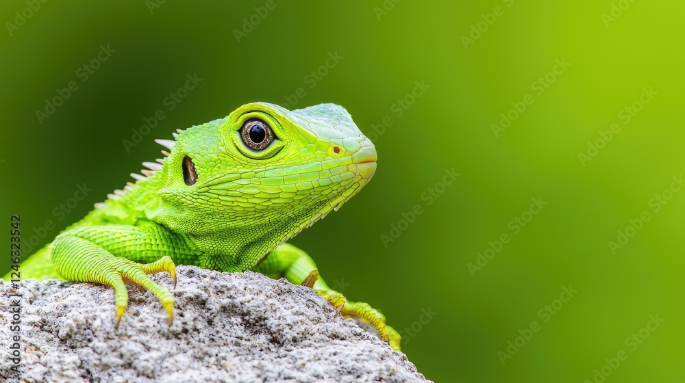 Obraz premium Green lizard on rock, lush background, wildlife