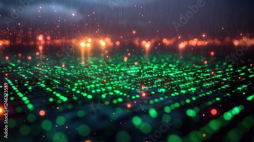 Futuristic green grid city at night with rain.