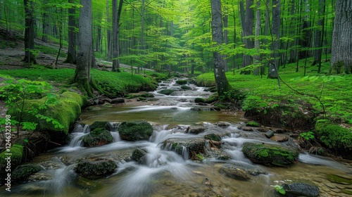 Serene forest stream flowing through vibrant green foliage in a tranquil woodland setting