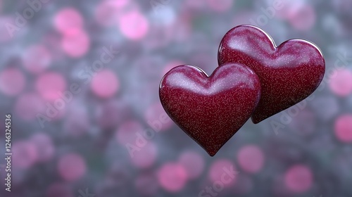 Two Sparkling Red Hearts Against a Pink and Purple Bokeh Background