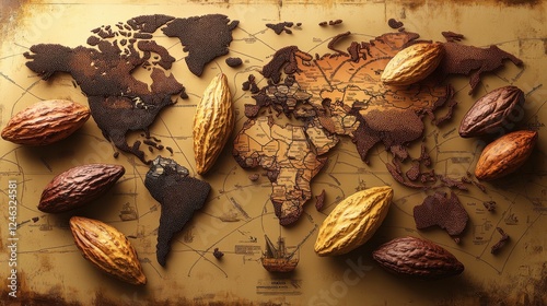 Exploring the global journey of cacao with a chocolate world map display made from cacao beans and pods