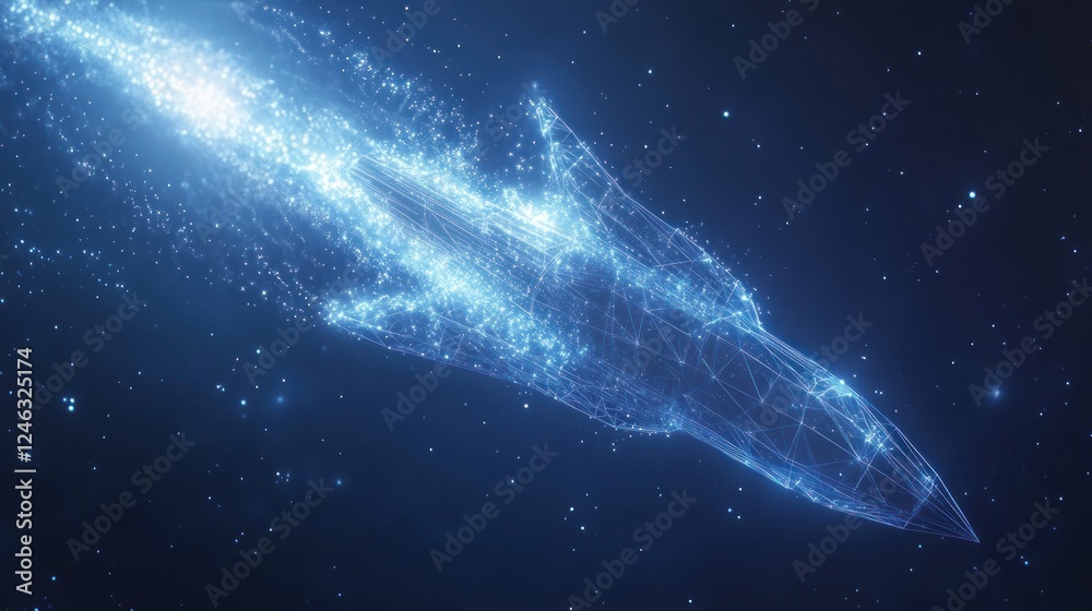 Fototapeta premium Futuristic spaceship traveling through space, glowing blue particles.
