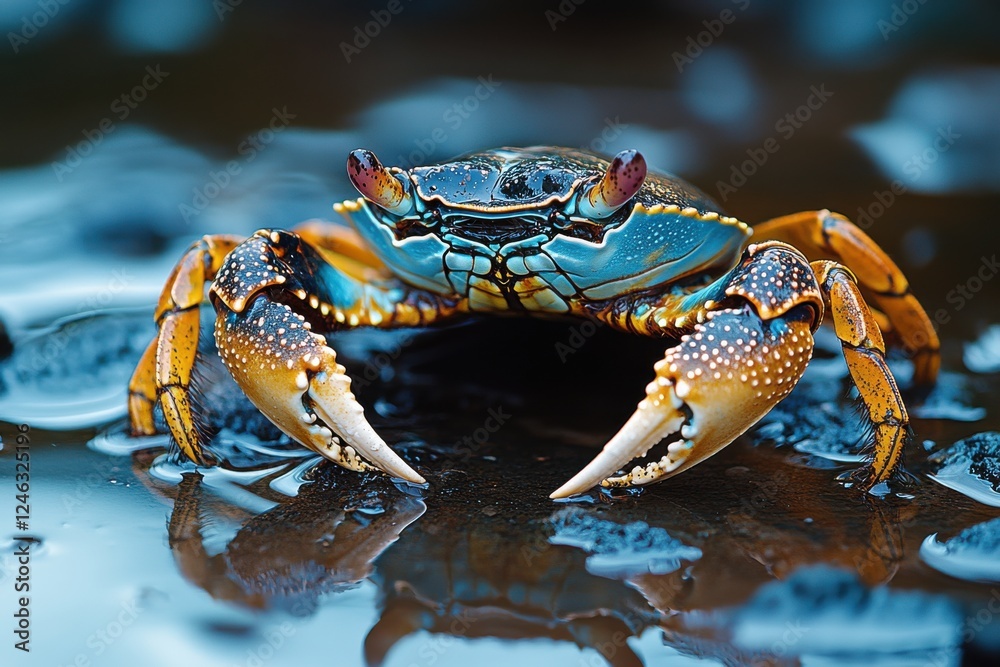 Colorful crab calmly perched on wet rocks near the ocean during low tide, showcasing its vibrant features and reflections in the water Colorful crab calmly perched on wet rocks near the ocean during low tide, showcasing its vibrant features and reflections in the water