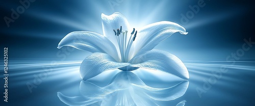 Serene white lily, radiant blue background, peaceful reflection, website header