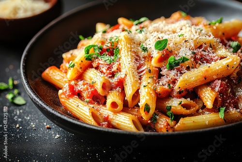 Delicious plate of penne pasta with tomato sauce, herbs, and cheese on a black surface