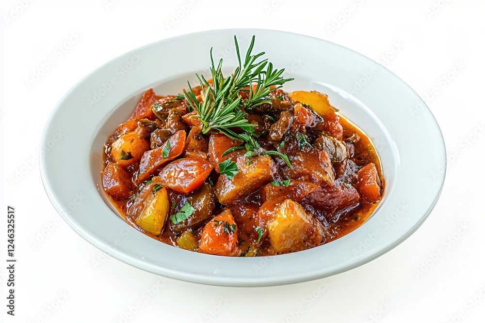 Hearty beef stew with root vegetables and fresh rosemary on a white plate cuisine Hearty beef stew with root vegetables and fresh rosemary on a white plate cuisine